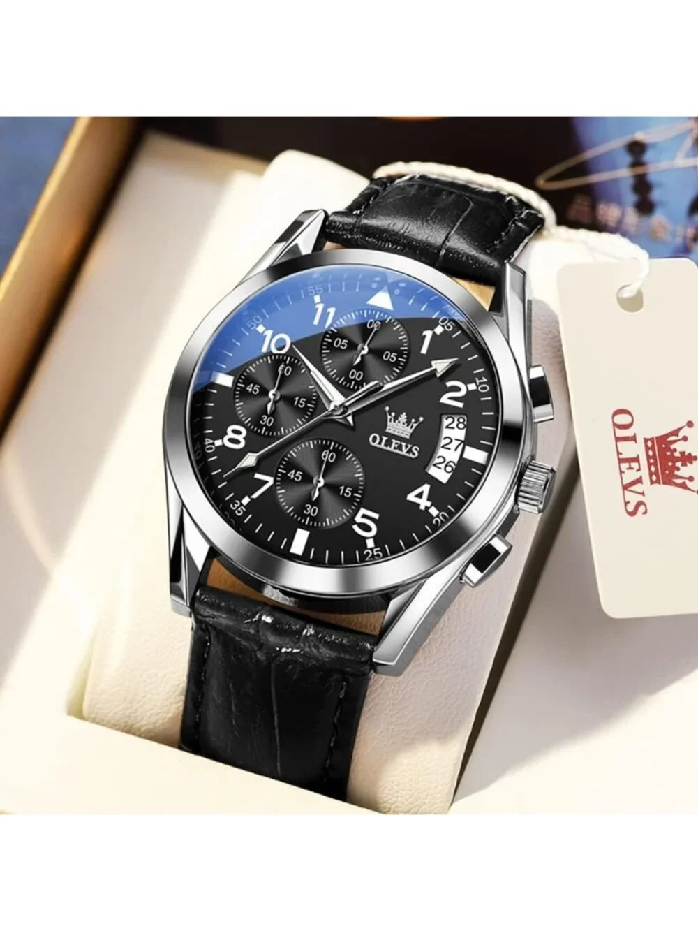 Mens Silver Large Face Black Leather Analog Classic Chronograph Waterproof Watch